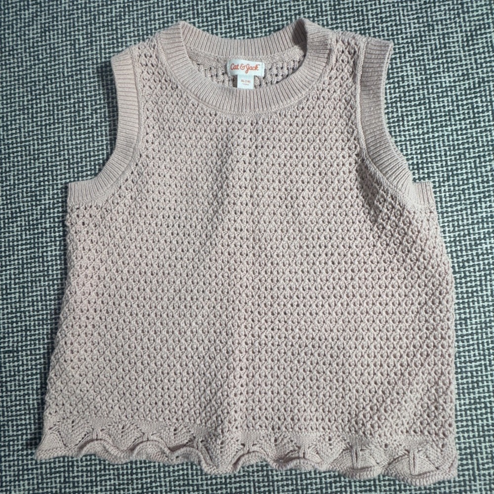 Cat & Jack Girls Pink Pointelle Knit Sweater Vest Scalloped Hem XL 14/16